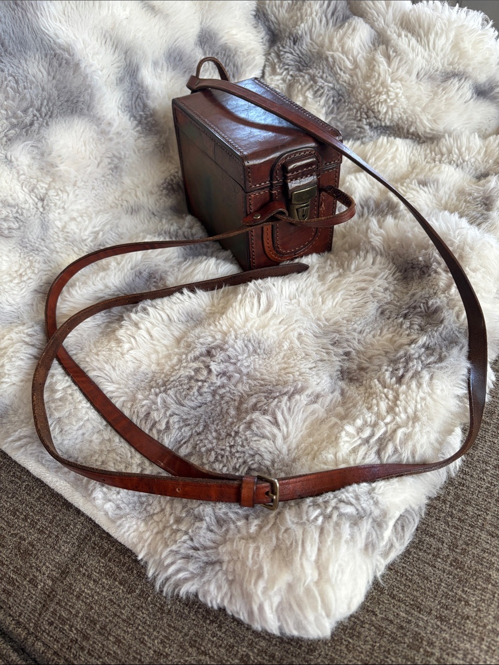Vintage Brown Leather Box Crossbody Bag